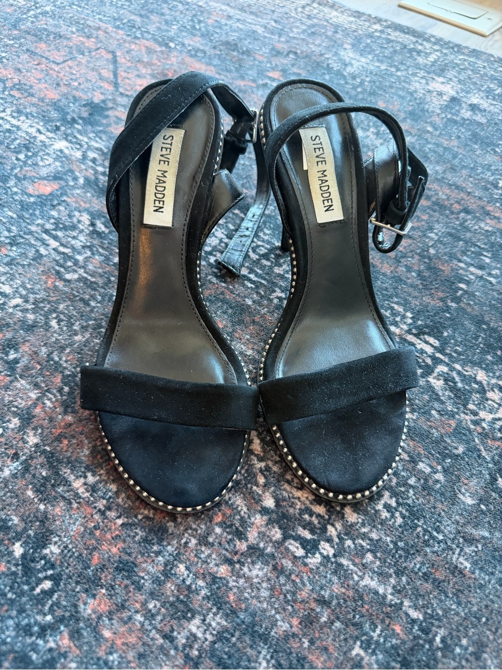 Steve Madden Black Suede Studded Ankle-Strap Heels